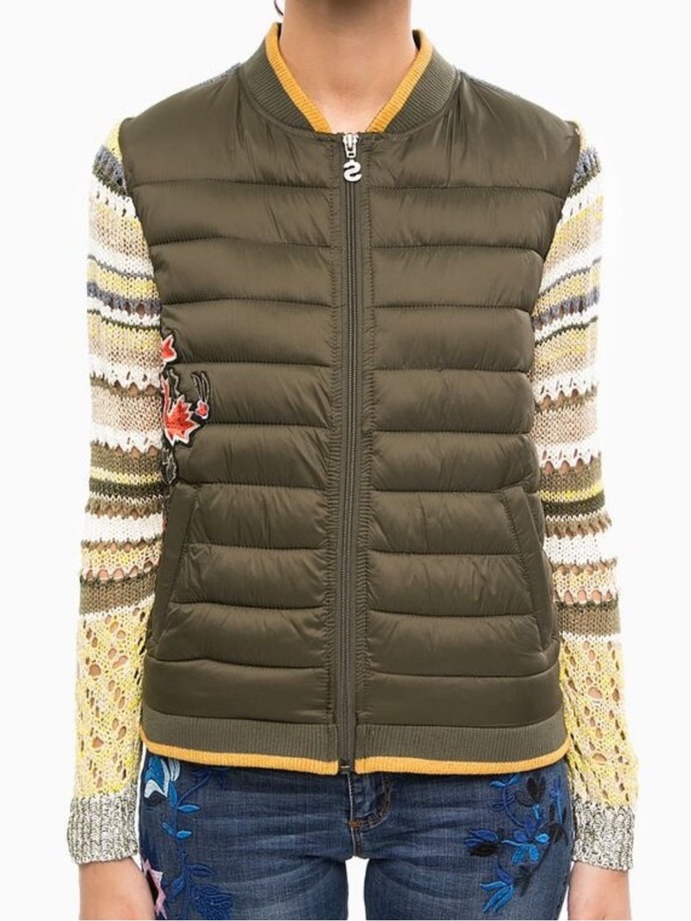 Desigual Olive Green Quilted Bomber Jacket with Yellow Trim